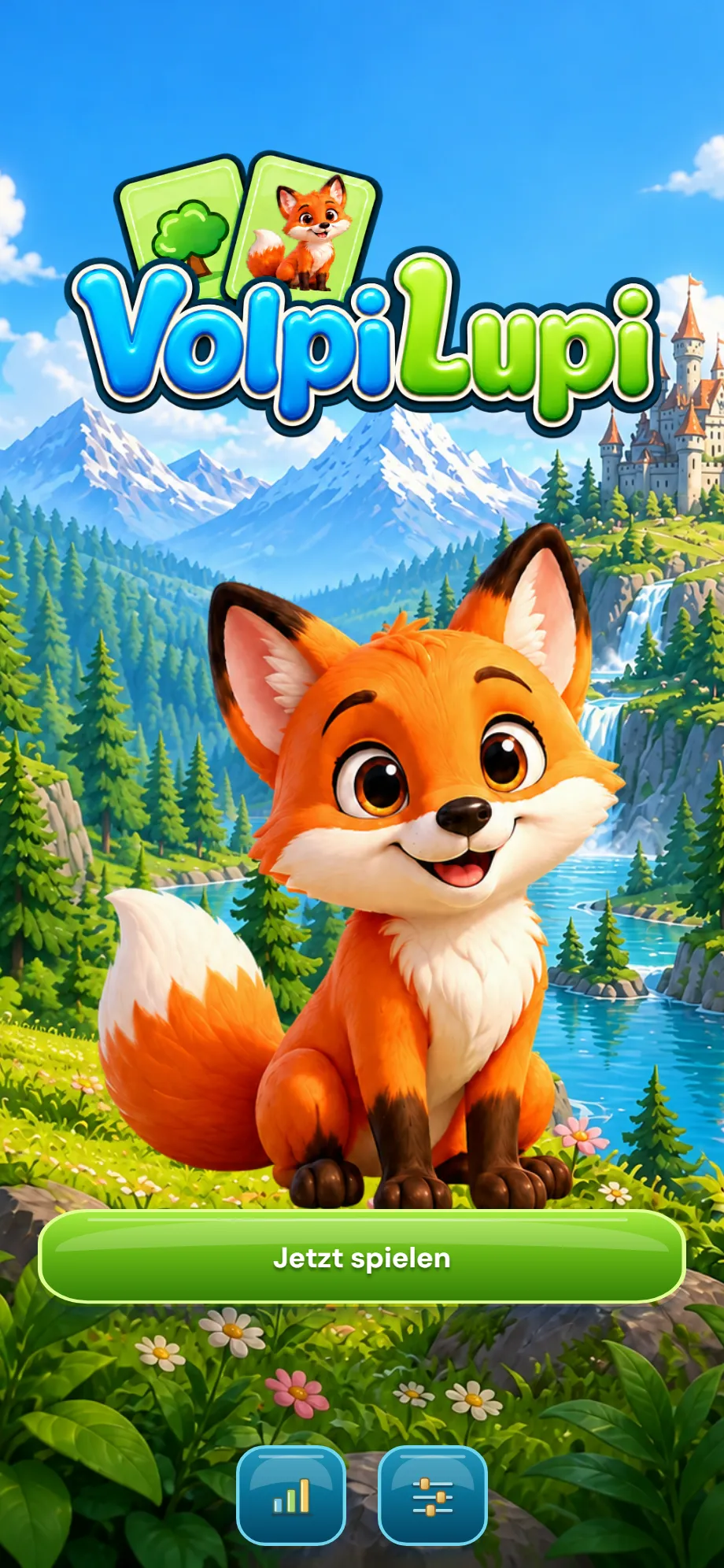 VolpiLupi-Startbildschirm mit Fuchs und illustrierter Landschaft