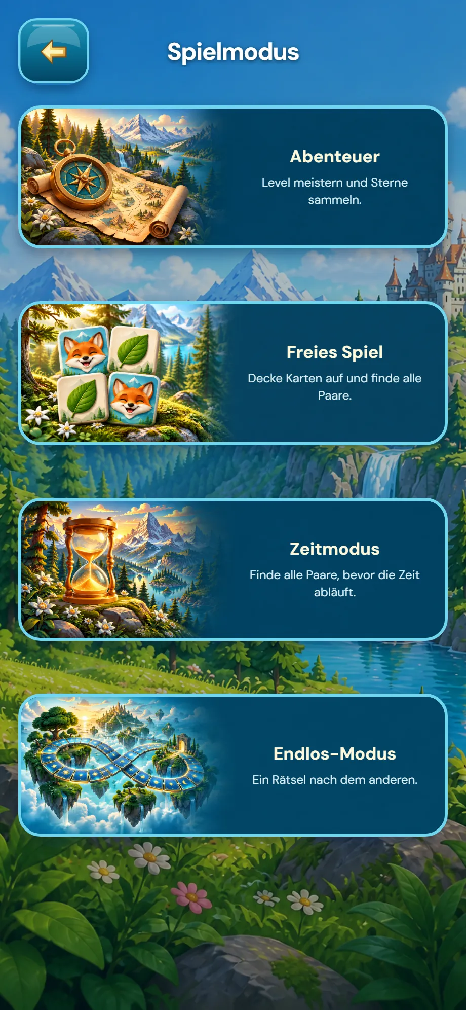 Auswahl zwischen Abenteuer, freiem Spiel, Zeitmodus und Endlos-Modus