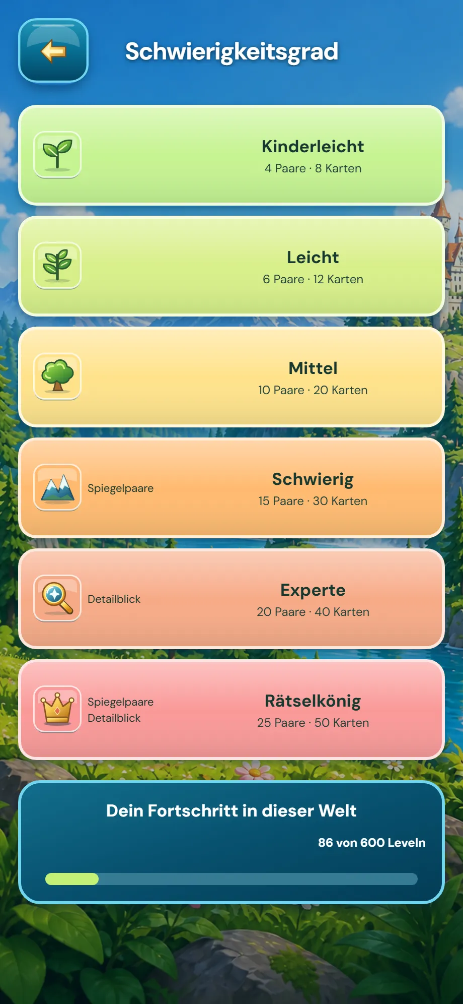 Sechs Schwierigkeitsgrade von Kinderleicht bis Rätselkönig