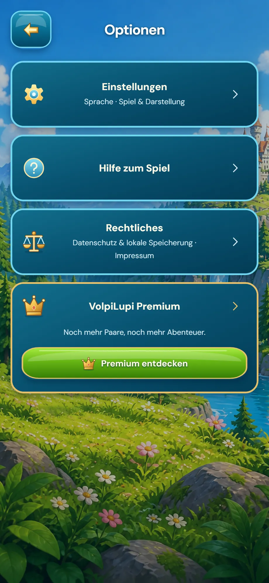 Optionsmenü von VolpiLupi mit Einstellungen, Spielanleitung und rechtlichen Informationen