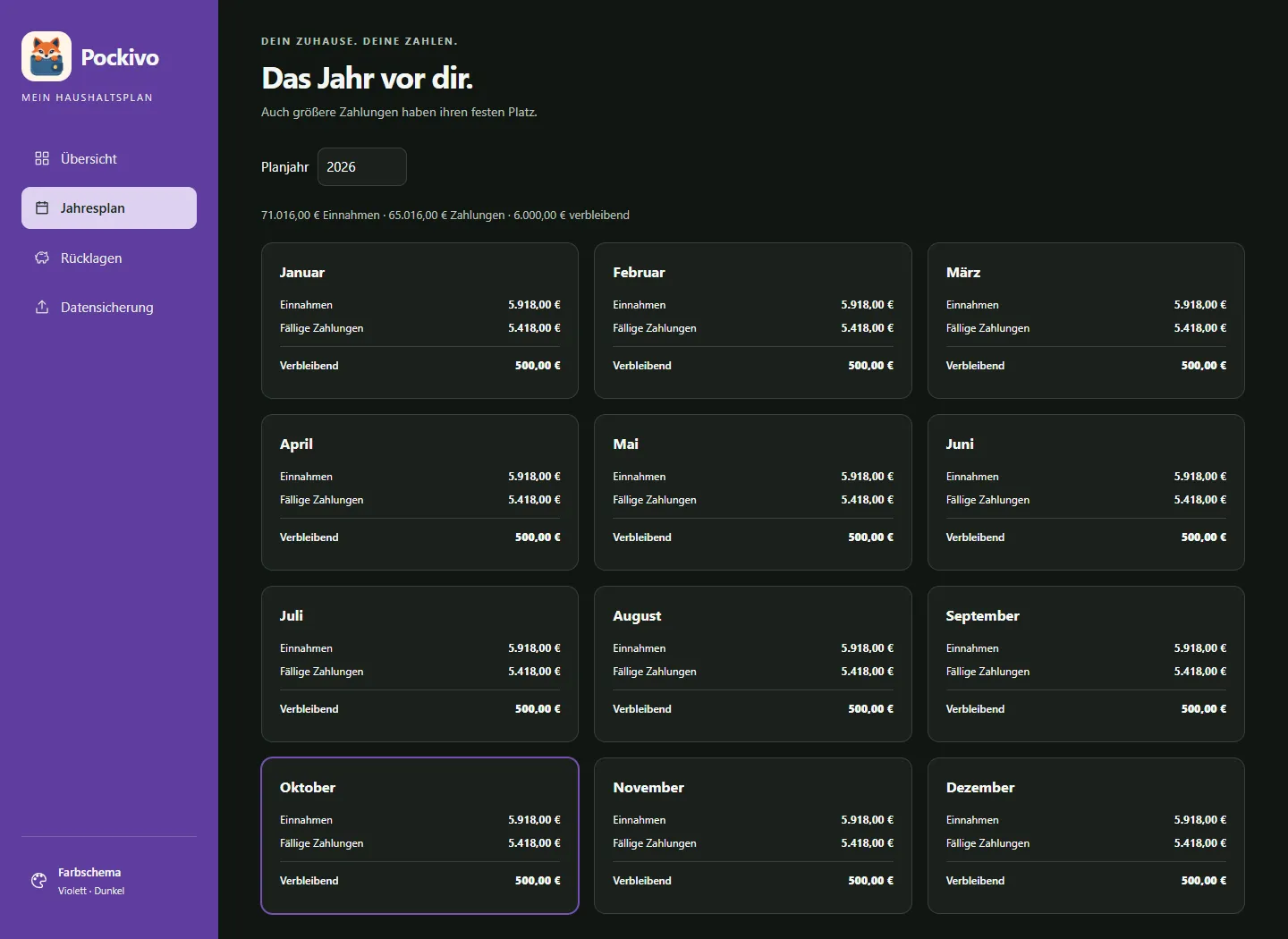 Pockivo-Jahresplan im violetten Dunkelmodus mit den zwölf Monaten des Beispielhaushalts
