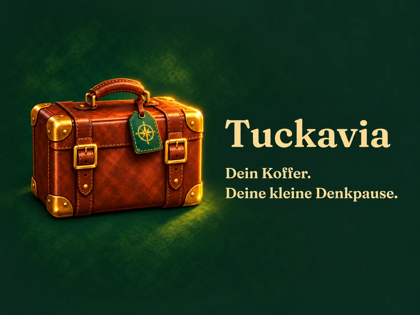 Tuckavia-Schriftzug mit Reisekoffer auf grünem Hintergrund