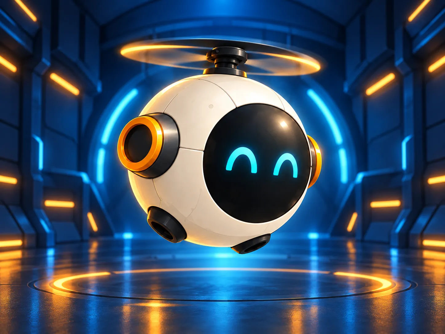 Die Drohne Scout mit leuchtendem Gesicht in der industriellen Spielwelt von Droney
