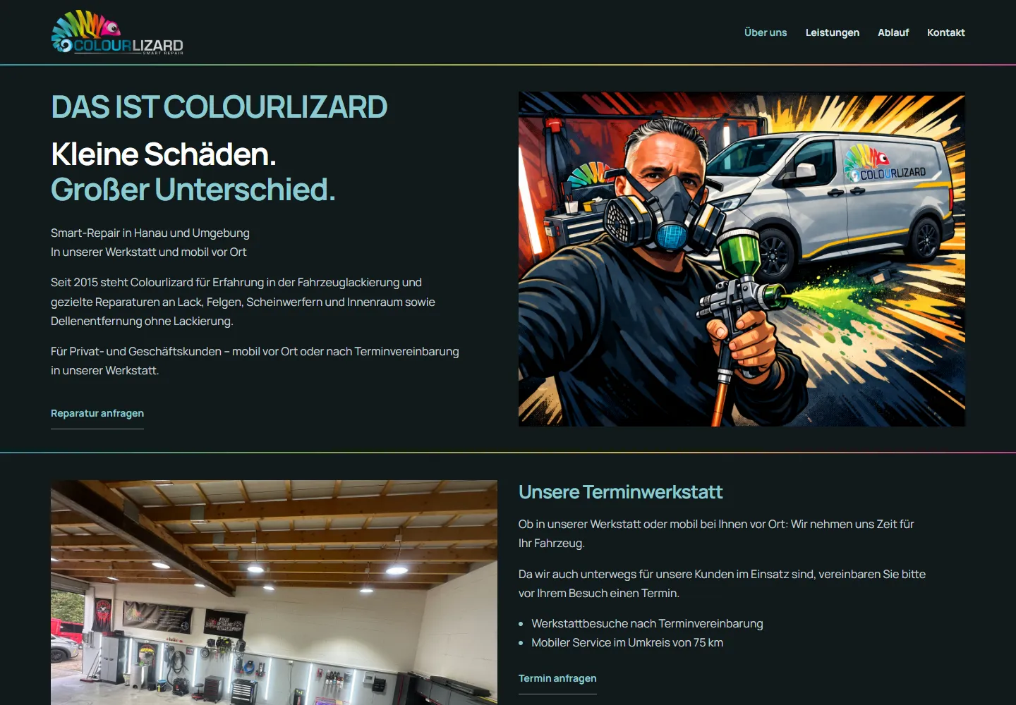 Colourlizard-Website am Computer mit Unternehmensvorstellung und Werkstatt