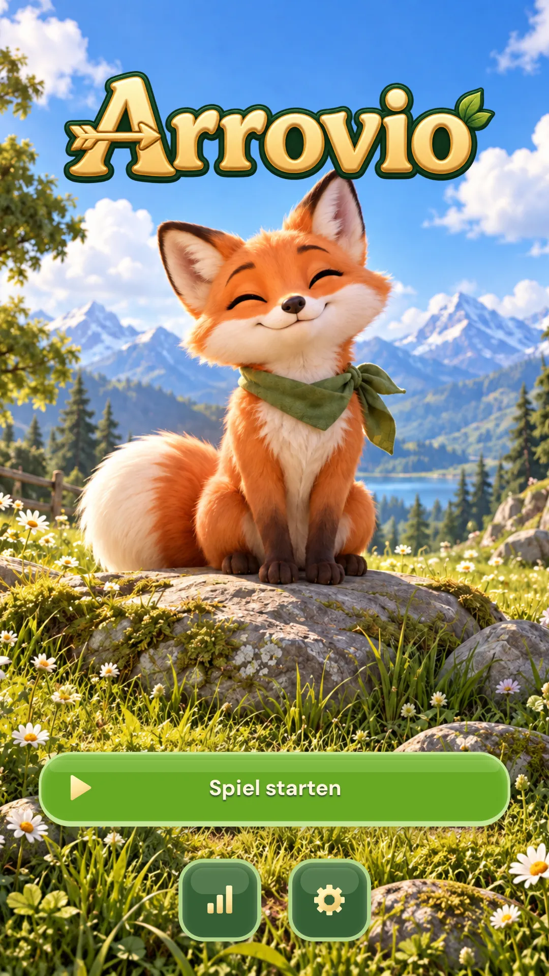 Aktueller Arrovio-Startbildschirm mit Logo und Fuchs