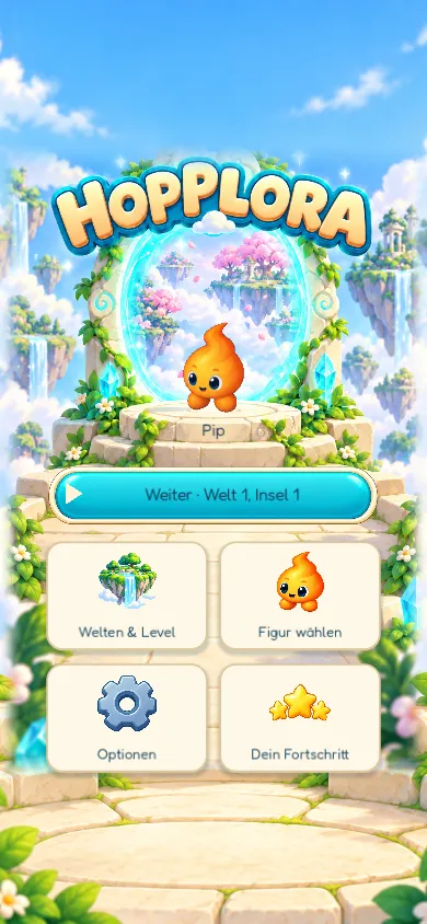Hopplora-Startbildschirm mit Pip vor einem leuchtenden Portal