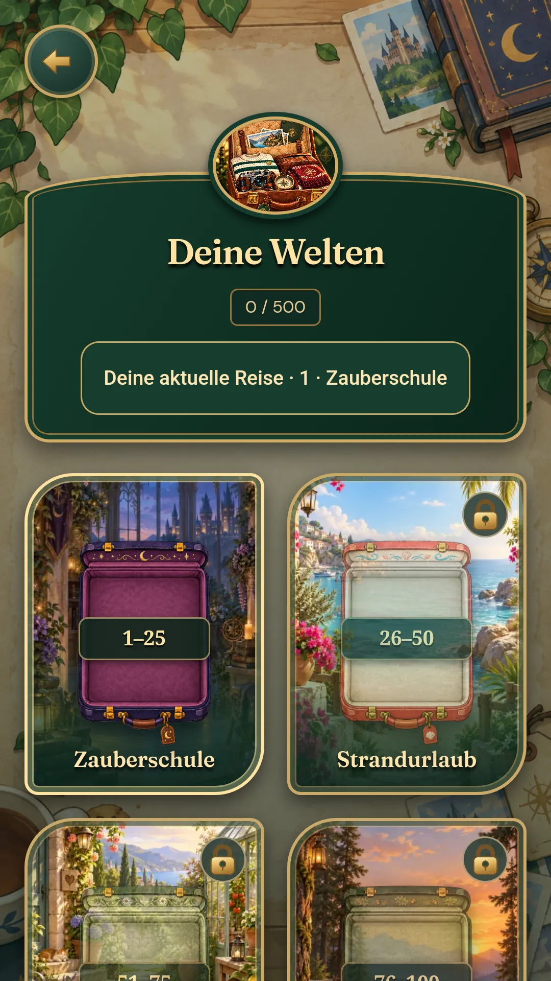 Tuckavia-Weltenauswahl mit Zauberschule und weiteren Reisezielen