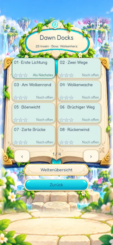 Hopplora-Levelauswahl mit Inseln und Sternen