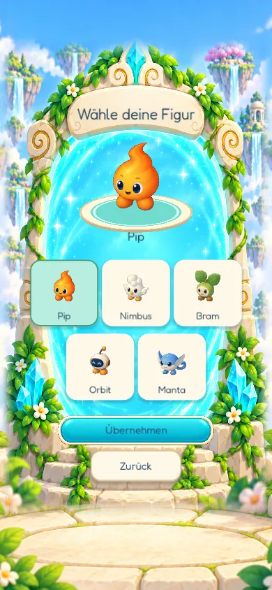 Figurenauswahl mit Pip, Nimbus, Bram, Orbit und Manta