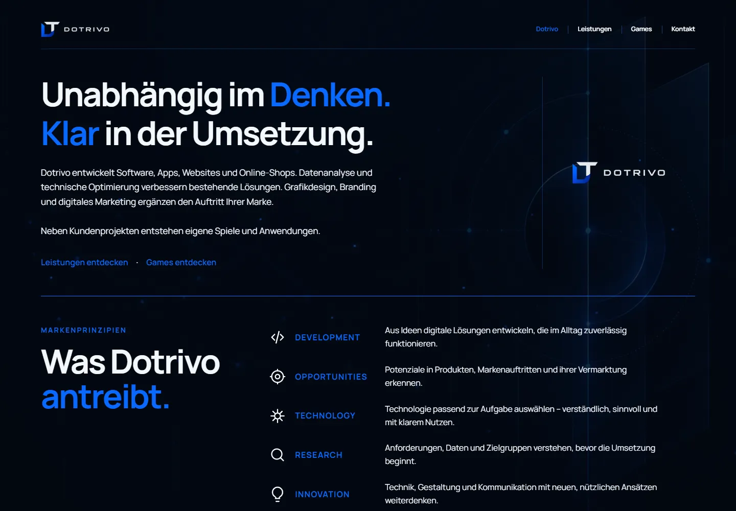 Startseite von Dotrivo mit dunklem Hintergrund und blauen Markenakzenten