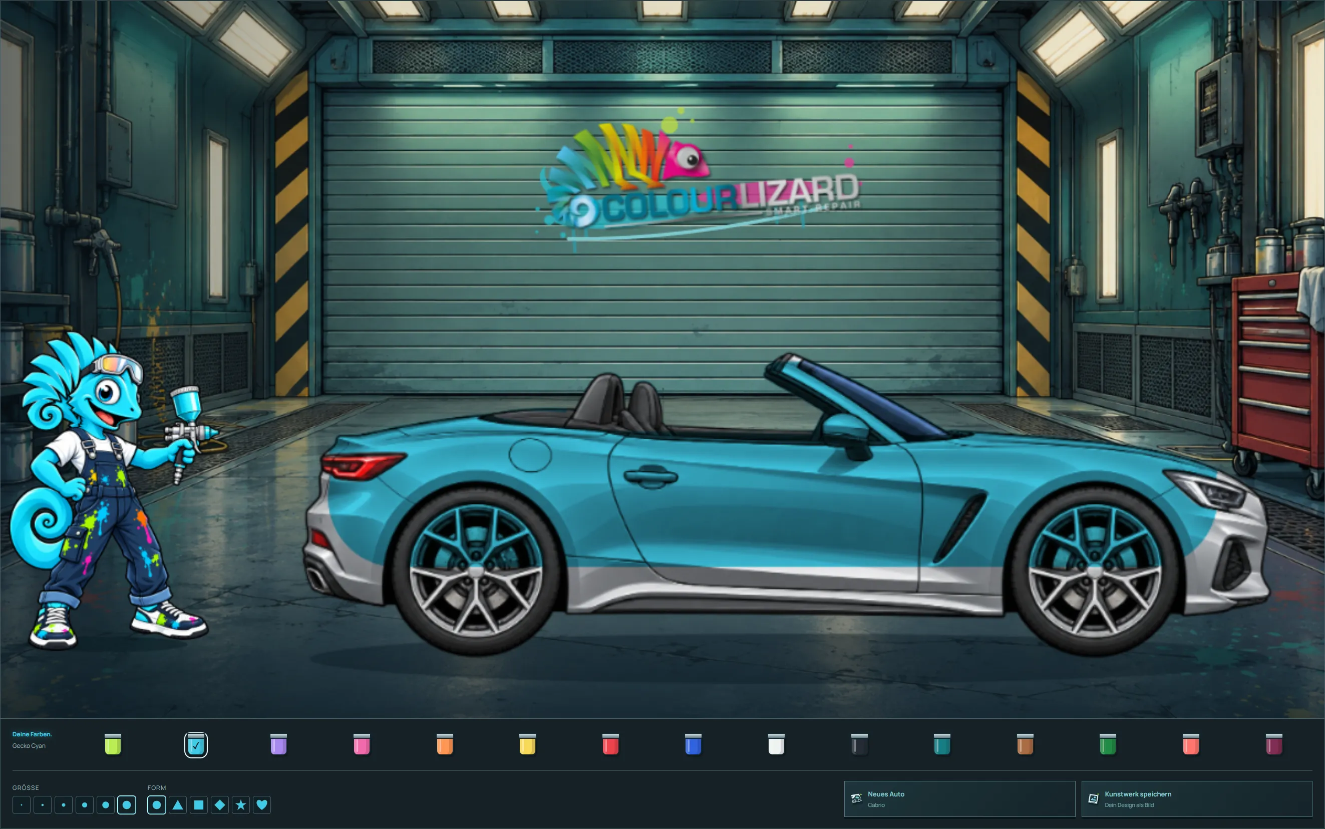 Mit türkisen Streifen gestaltetes Cabrio im Spiel