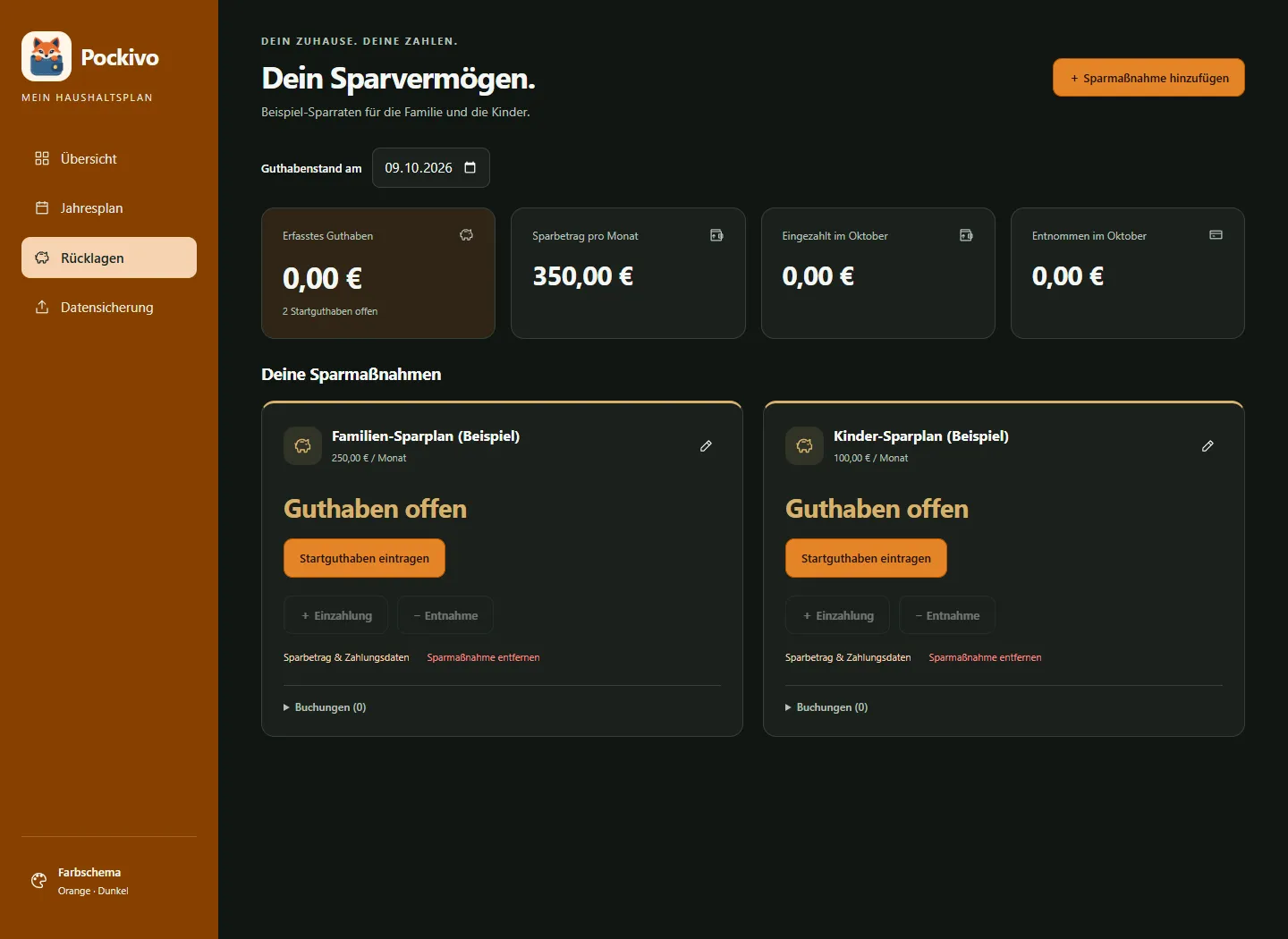 Pockivo-Rücklagenansicht im orangefarbenen Dunkelmodus mit zwei beispielhaften Sparmaßnahmen