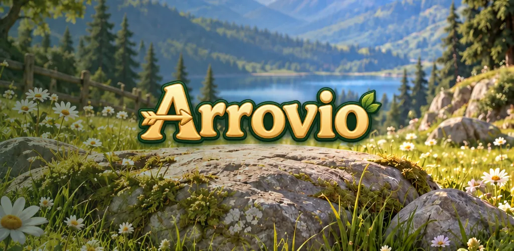 Arrovio-Logo vor einer illustrierten Berg- und Seenlandschaft